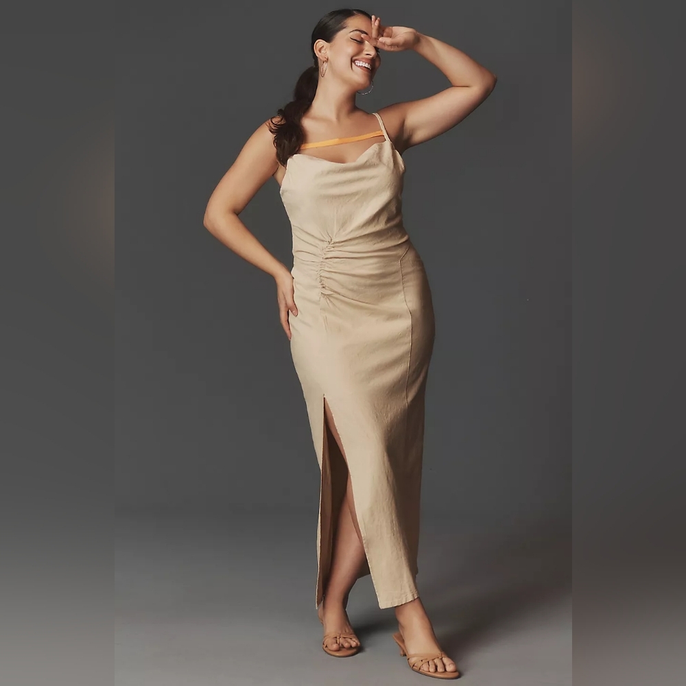 ❤️HP❤️ NWT Anthropologie Ruched Slim Midi Beige Linen Blend Sleeveless Dress